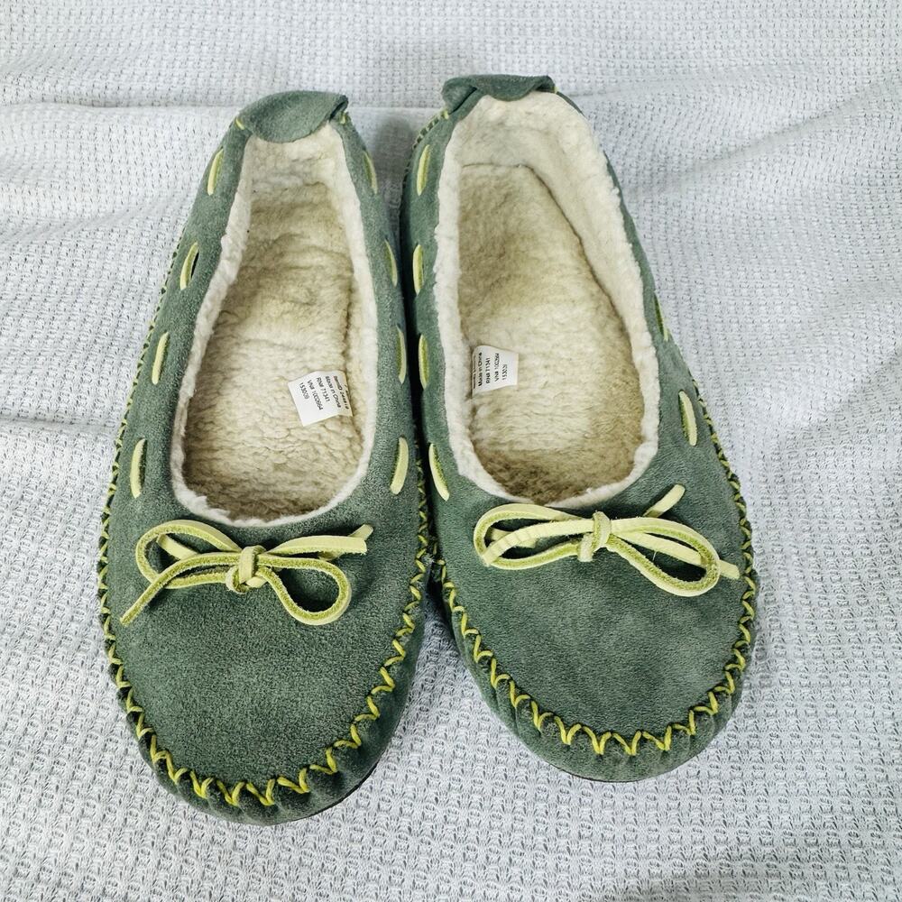 L.L.Bean Wicked Good Moccasin Slippers Women’s 7 Green Suede Shearling Lined